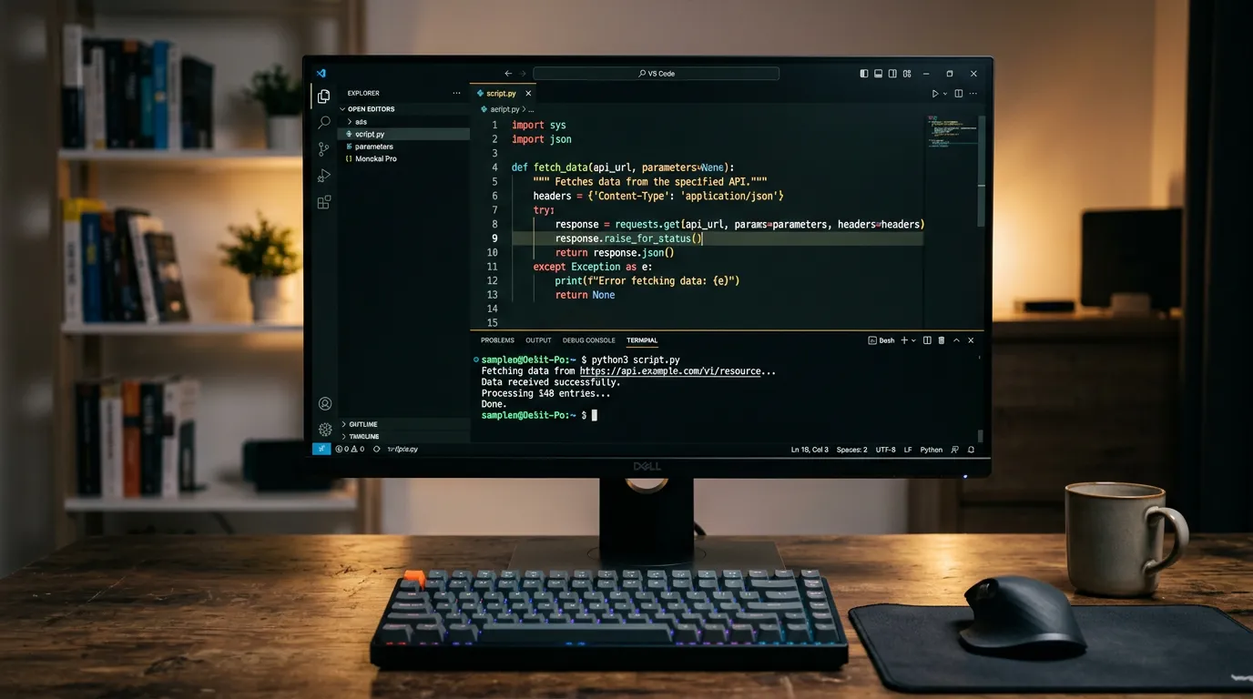 Python programming language code on terminal window, dark background, clean code structure visible, tech workspace